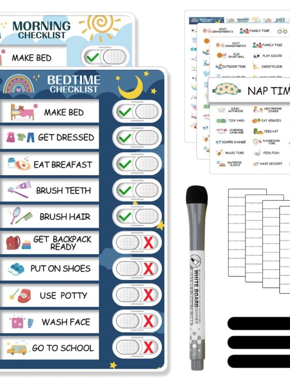 2 in 1 Bedtime/Morning Routine Chart for Kids Toddlers, Magnetic Chore Chart for